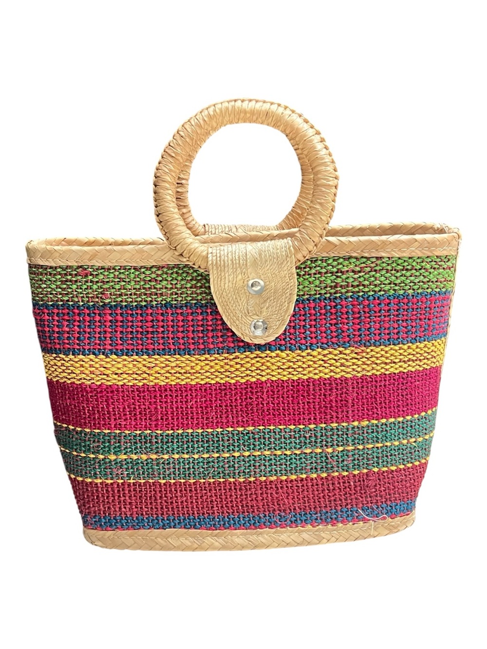 Vintage Woven Straw Tote Bag Top Handle Basket Purse Multi Color Stripe Boho - Picture 2 of 8